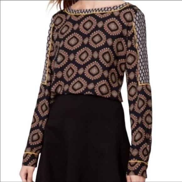 Chelsea & Theodore Blouse Top Navy Medallion Print Boat Neck Long Sleeve Large - Picture 3 of 12